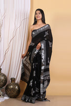 Rovim Jaipuri Hand Block Printed Pure Cotton Linen Saree with Blouse for Women's