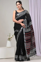 Rovim Jaipuri Hand Block Printed Pure Cotton Linen Saree with Blouse for Women's