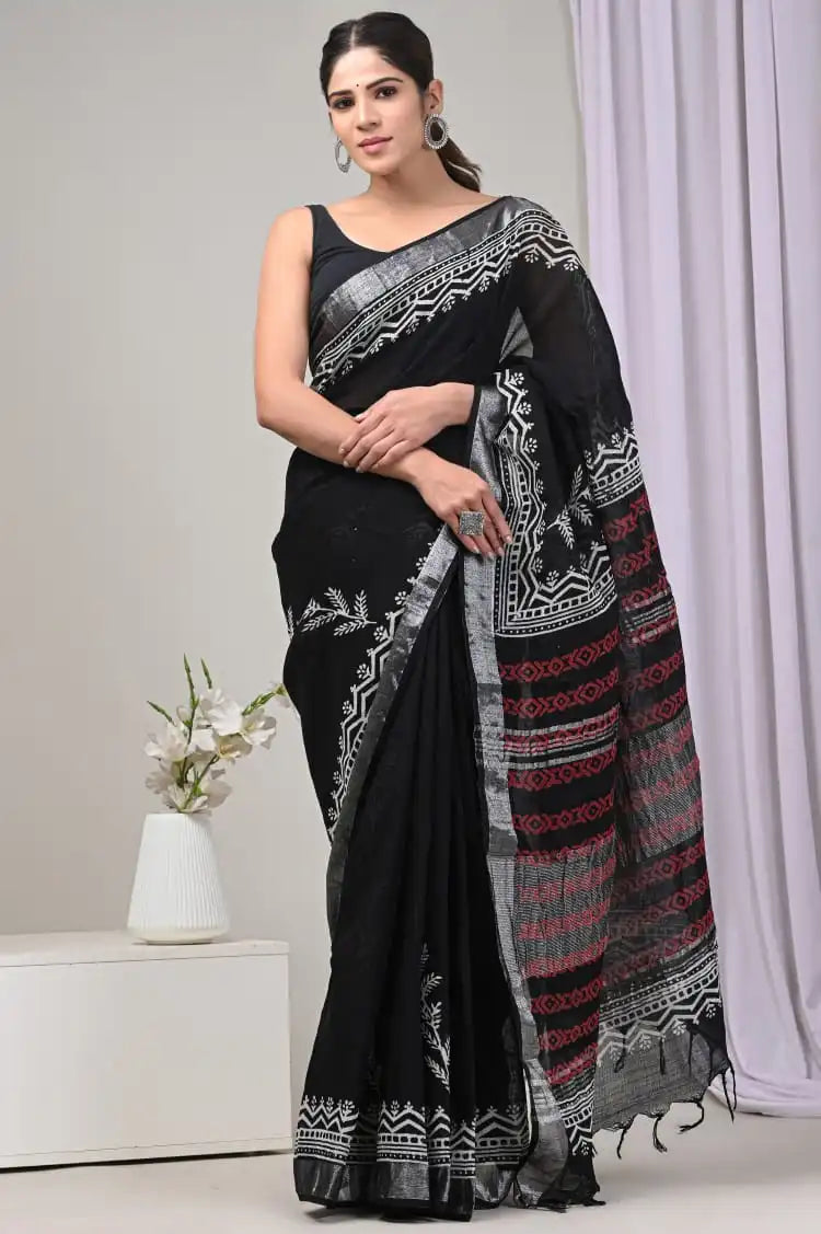 Rovim Jaipuri Hand Block Printed Pure Cotton Linen Saree with Blouse for Women's