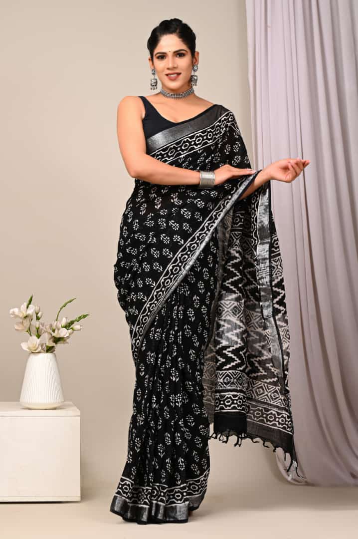 ROVIM Hand Block Printed Cotton Linen Saree with Blouse – Elegant Ethnic Look | Lightweight & Breathable Fabric
