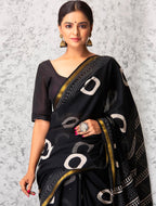 ROVIM Hand Block Printed Cotton Saree with Golden Zari Border & Blouse – Elegant Traditional Wear for Festive & Special Occasions