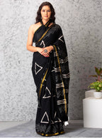 ROVIM Hand Block Printed Cotton Saree with Golden Zari Border & Blouse – Elegant Traditional Wear for Festive & Special Occasions