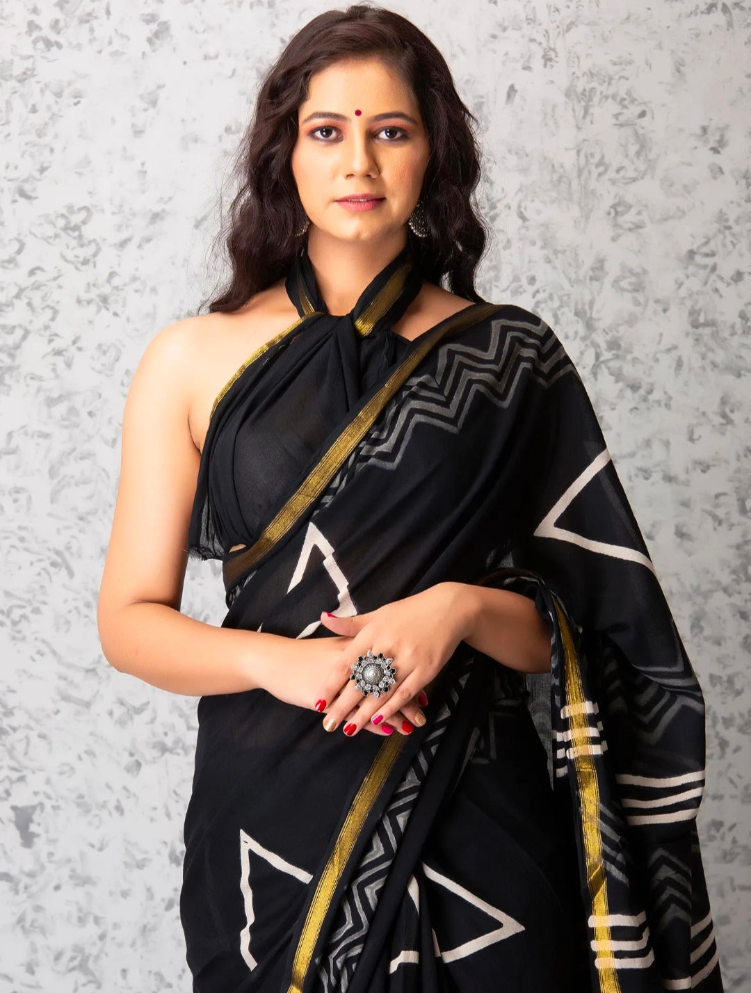 ROVIM Hand Block Printed Cotton Saree with Golden Zari Border & Blouse – Elegant Traditional Wear for Festive & Special Occasions