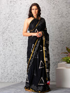 ROVIM Hand Block Printed Cotton Saree with Golden Zari Border & Blouse – Elegant Traditional Wear for Festive & Special Occasions