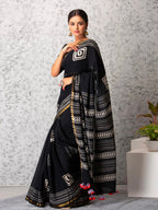 ROVIM Hand Block Printed Cotton Saree with Golden Zari Border & Blouse – Elegant Traditional Wear for Festive & Special Occasions