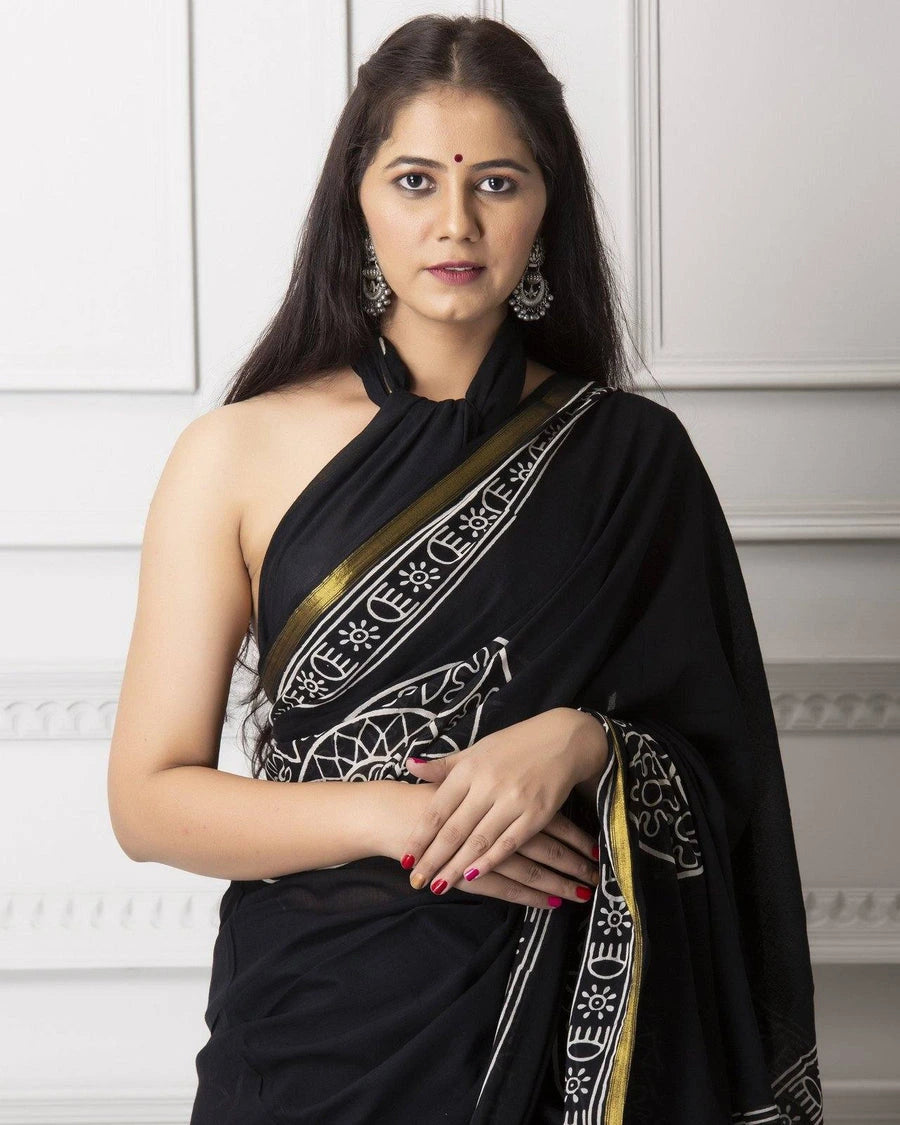 Rovim Jaipuri Hand Block Printed Soft Cotton Saree with Golden Zari Border & Blouse Peice