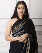 Rovim Jaipuri Hand Block Printed Soft Cotton Saree with Golden Zari Border & Blouse Peice