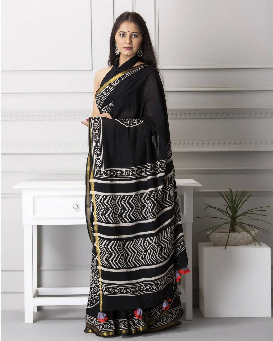 Rovim Jaipuri Hand Block Printed Soft Cotton Saree with Golden Zari Border & Blouse Peice