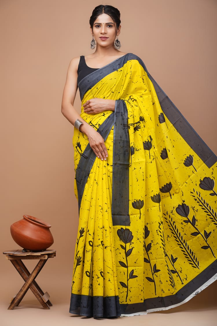 ROVIM Jaipuri Hand Block Printed Cotton Mulmul Saree with Blouse – Soft, Lightweight & Skin-Friendly | Traditional Ethnic Wear for Women