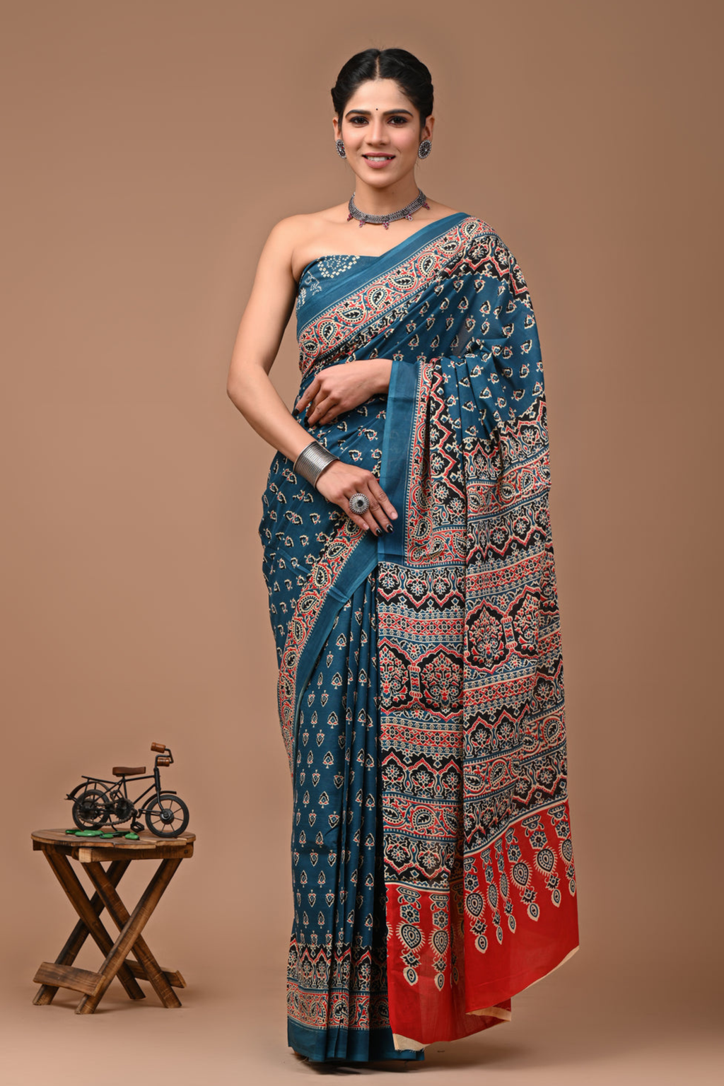 Pankhudi Ajrakh Hand Block Printed Cotton Mulmul Saree with Blouse for Women