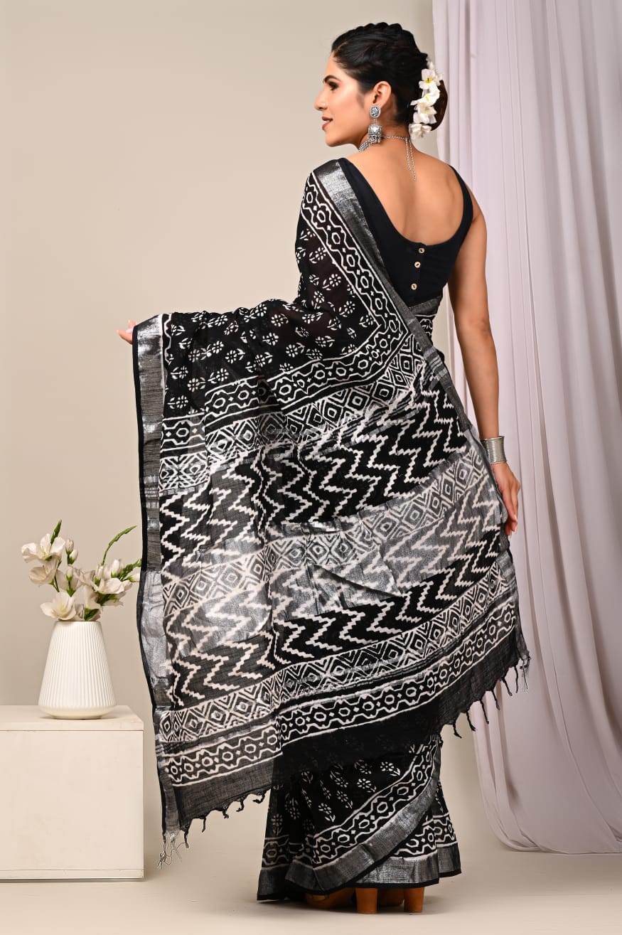 ROVIM Hand Block Printed Cotton Linen Saree with Blouse – Elegant Ethnic Look | Lightweight & Breathable Fabric