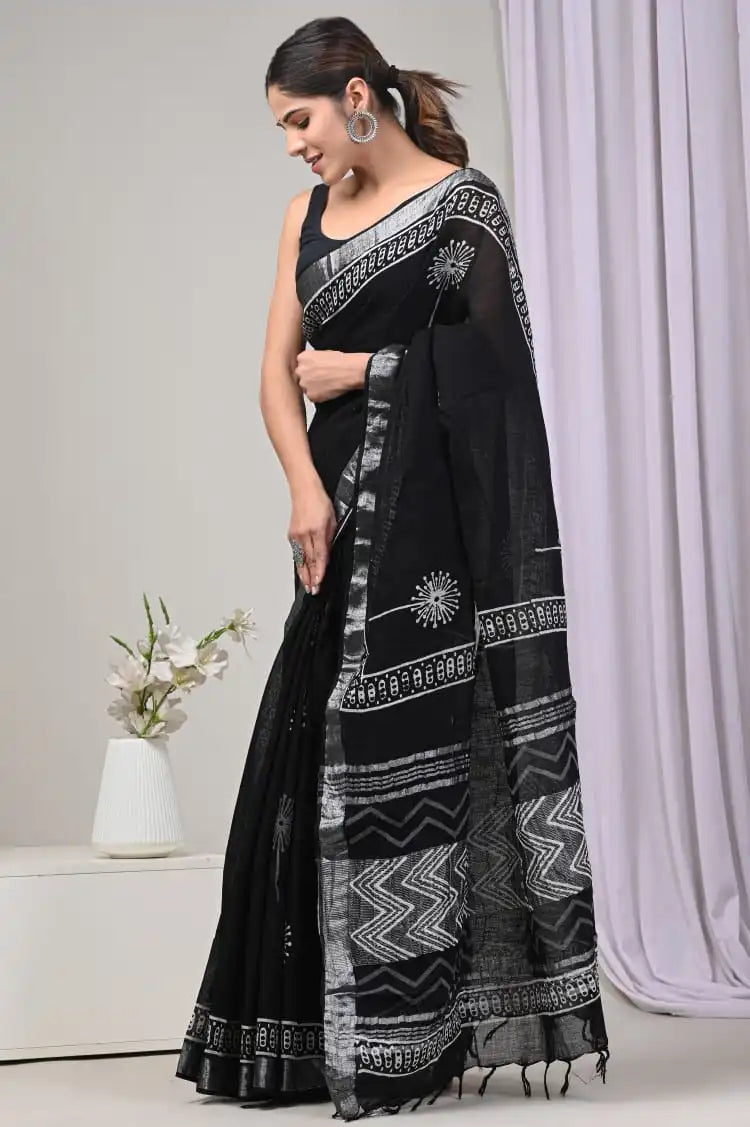 Rovim Jaipuri Hand Block Printed Pure Cotton Linen Saree with Blouse for Women's