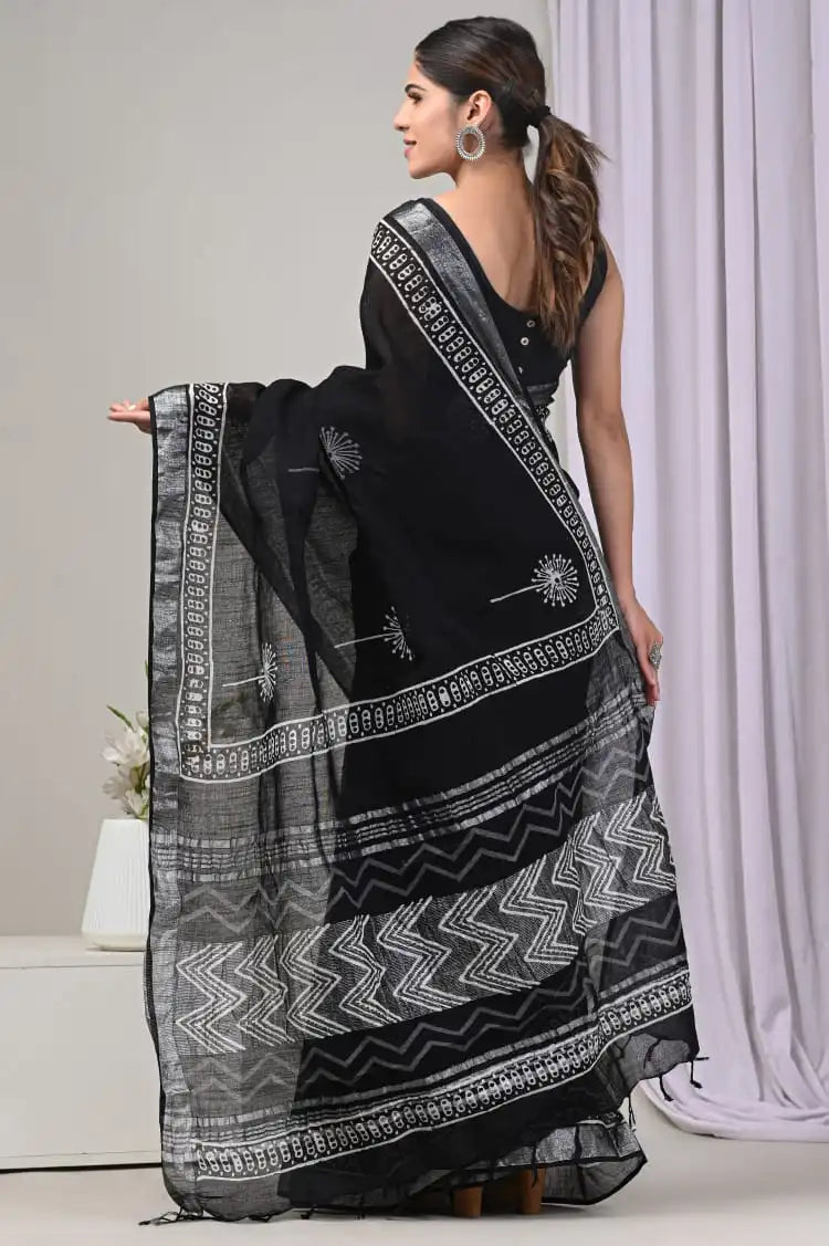 Rovim Jaipuri Hand Block Printed Pure Cotton Linen Saree with Blouse for Women's