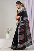 Rovim Jaipuri Hand Block Printed Pure Cotton Linen Saree with Blouse for Women's