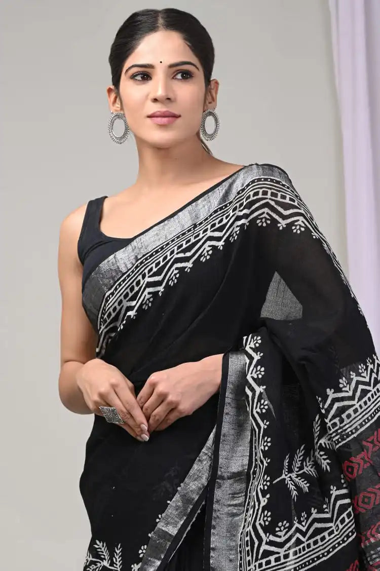 Rovim Jaipuri Hand Block Printed Pure Cotton Linen Saree with Blouse for Women's