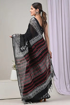 Rovim Jaipuri Hand Block Printed Pure Cotton Linen Saree with Blouse for Women's