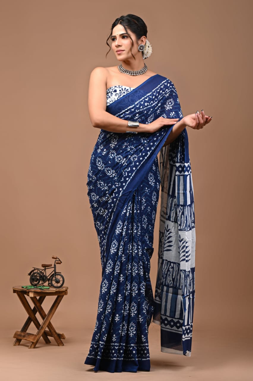 Neelam Butti Hand Block Printed Cotton Mulmul Saree with Blouse for Women