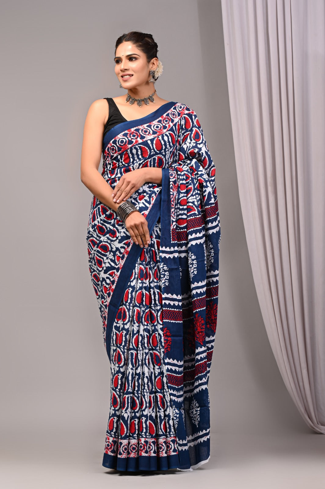 ROVIM Jaipuri Hand Block Printed Cotton Mulmul Saree with Blouse – Soft, Lightweight & Skin-Friendly | Traditional Ethnic Wear for Women