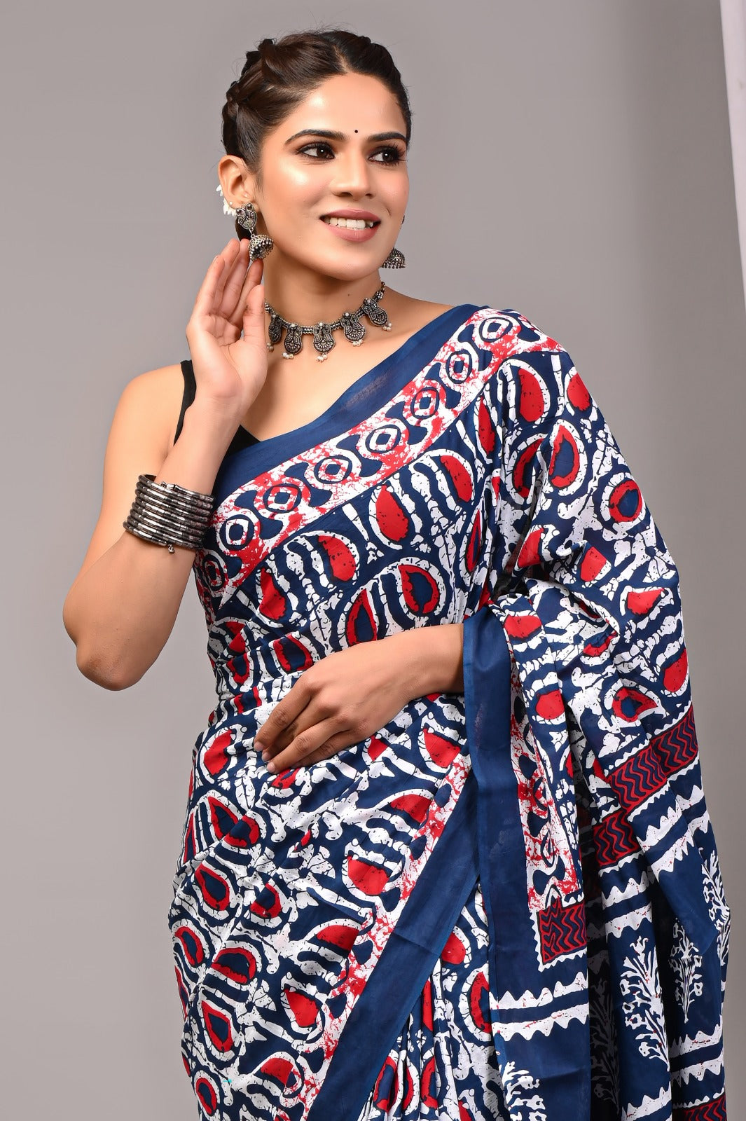ROVIM Jaipuri Hand Block Printed Cotton Mulmul Saree with Blouse – Soft, Lightweight & Skin-Friendly | Traditional Ethnic Wear for Women