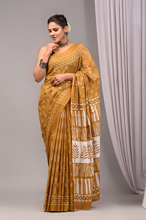 Rovim Jaipuri Traditional Hand Block Printed Cotton Mulmul Saree with Blouse for Women