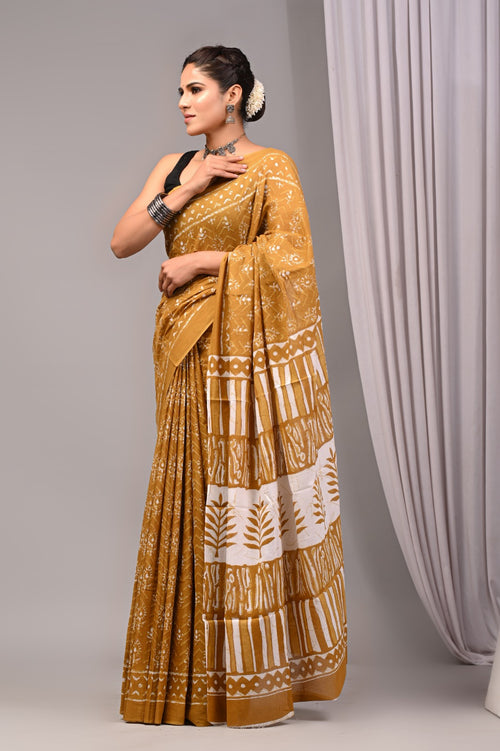 Rovim Jaipuri Traditional Hand Block Printed Cotton Mulmul Saree with Blouse for Women