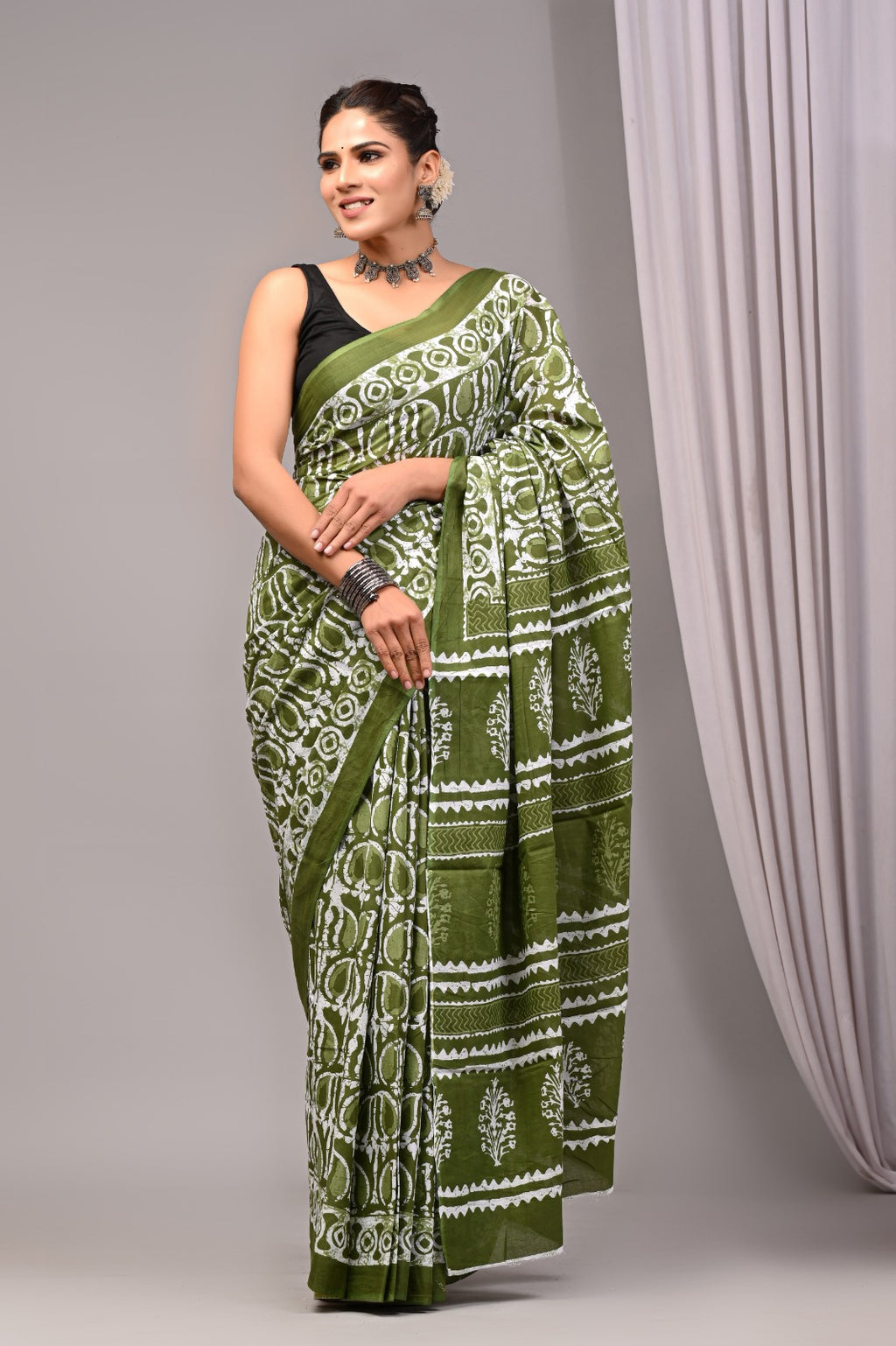 ROVIM Jaipuri Hand Block Printed Cotton Mulmul Saree with Blouse – Soft, Lightweight & Skin-Friendly | Traditional Ethnic Wear for Women