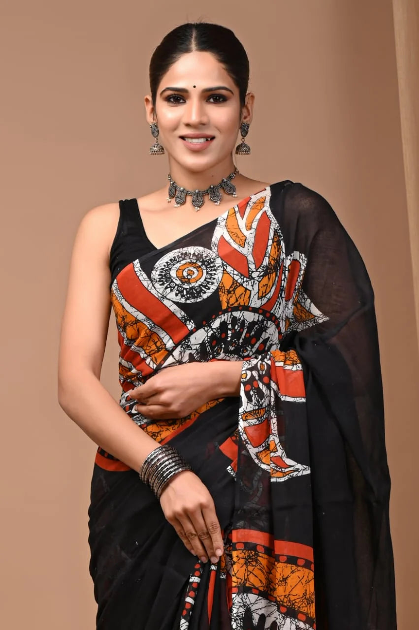 Rovim Jaipuri Traditional Hand Block Printed Cotton Mulmul Saree with Blouse for Women