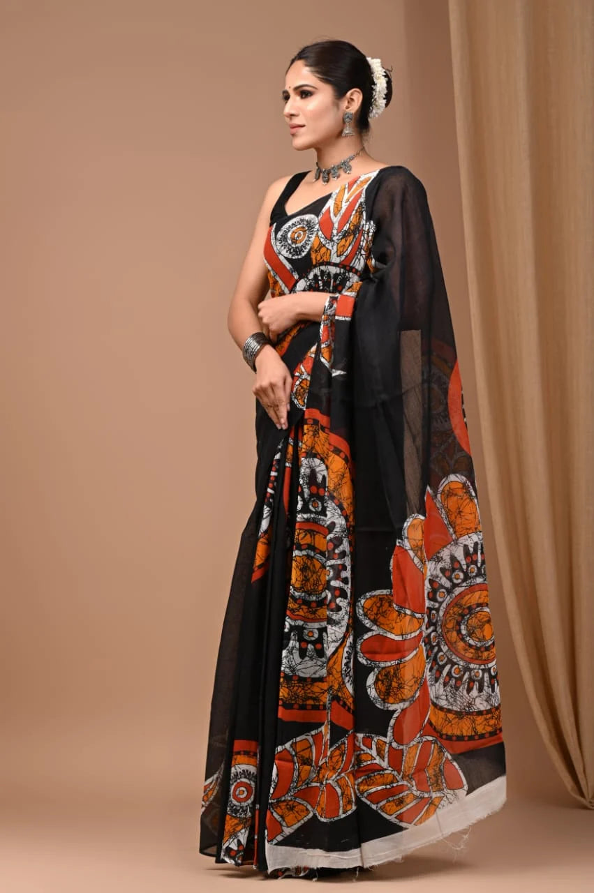 Rovim Jaipuri Traditional Hand Block Printed Cotton Mulmul Saree with Blouse for Women