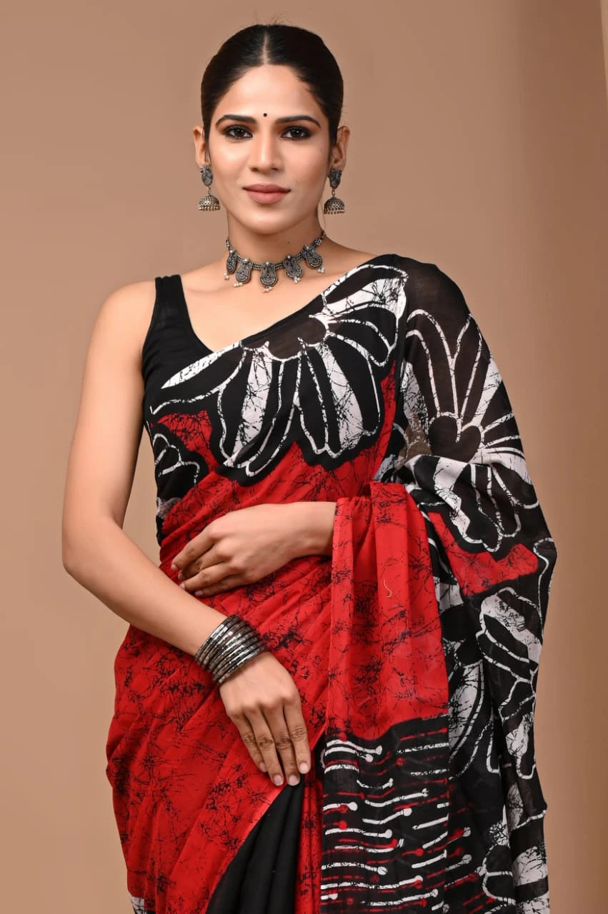 Rovim Jaipuri Traditional Hand Block Printed Cotton Mulmul Saree with Blouse for Women