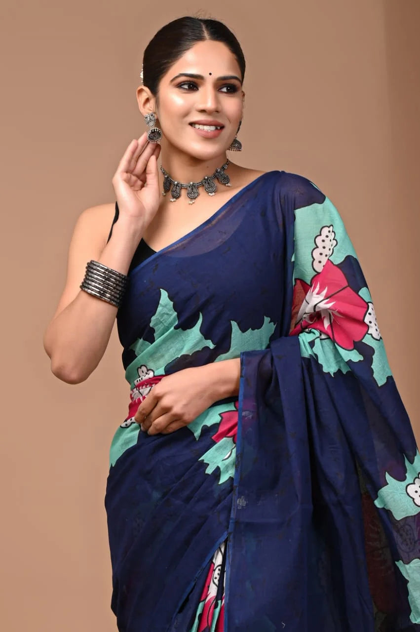 Rovim Jaipuri Traditional Hand Block Printed Cotton Mulmul Saree with Blouse for Women