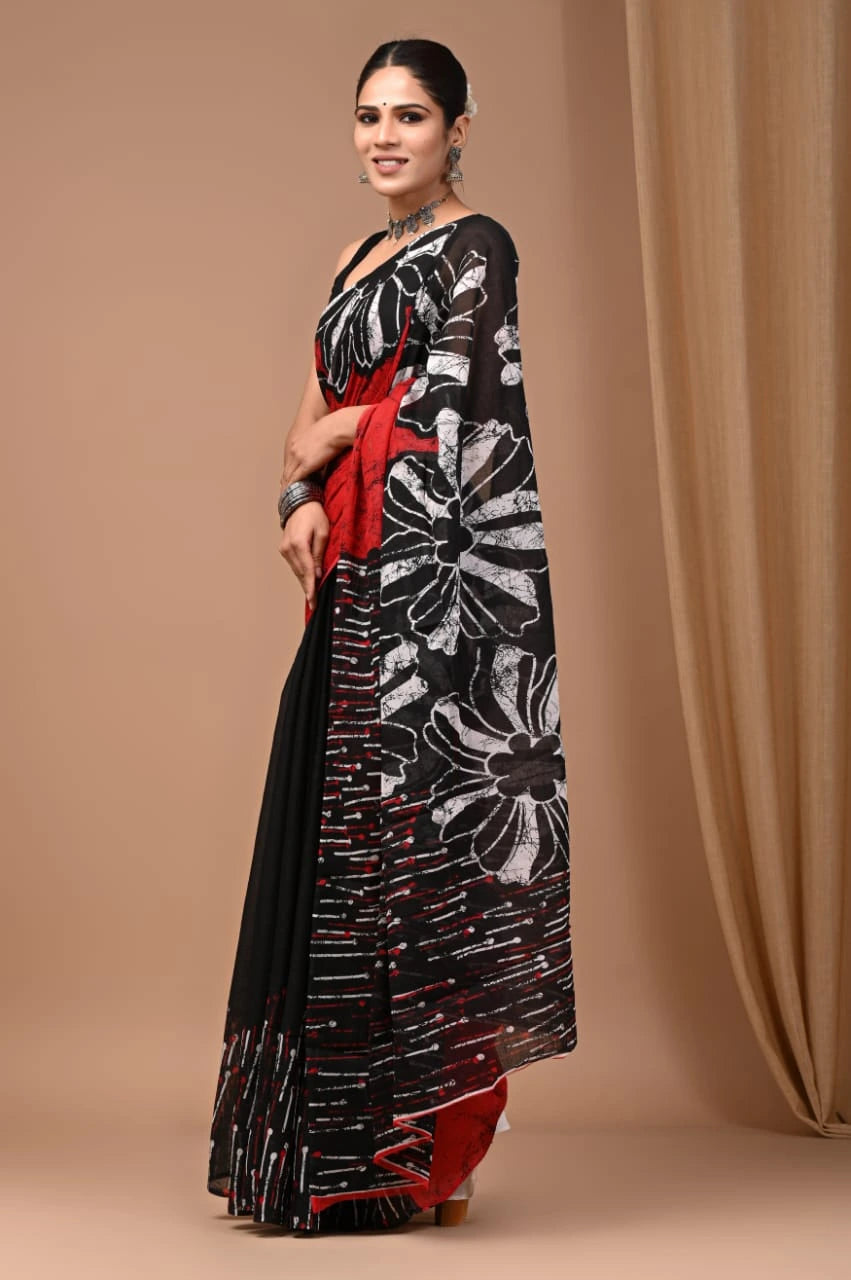 Rovim Jaipuri Traditional Hand Block Printed Cotton Mulmul Saree with Blouse for Women