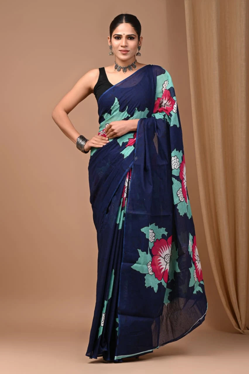 Rovim Jaipuri Traditional Hand Block Printed Cotton Mulmul Saree with Blouse for Women