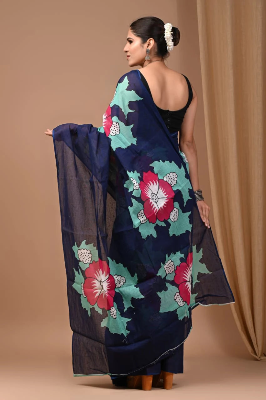 Rovim Jaipuri Traditional Hand Block Printed Cotton Mulmul Saree with Blouse for Women