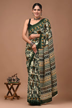 Hand block printed Ajrakh cotton mulmul saree by Rovim
