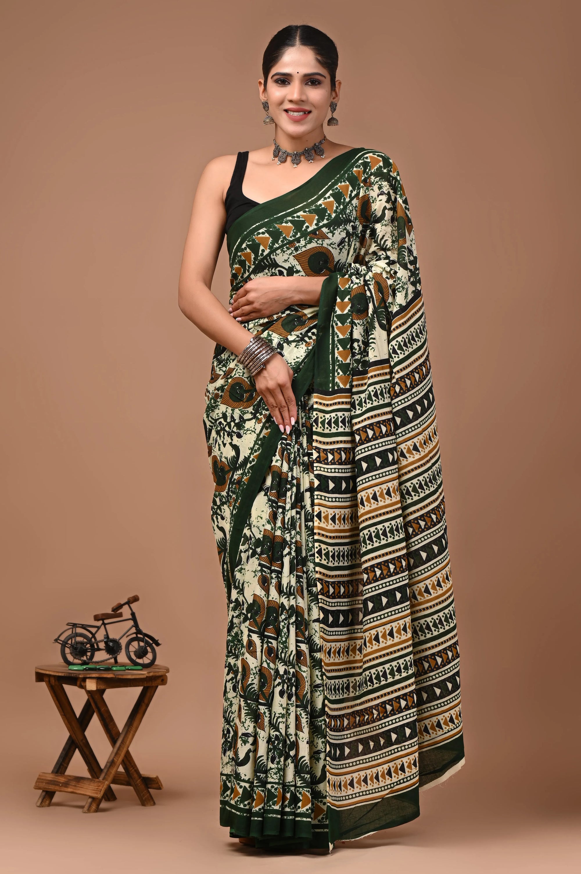 Hand block printed Ajrakh cotton mulmul saree by Rovim
