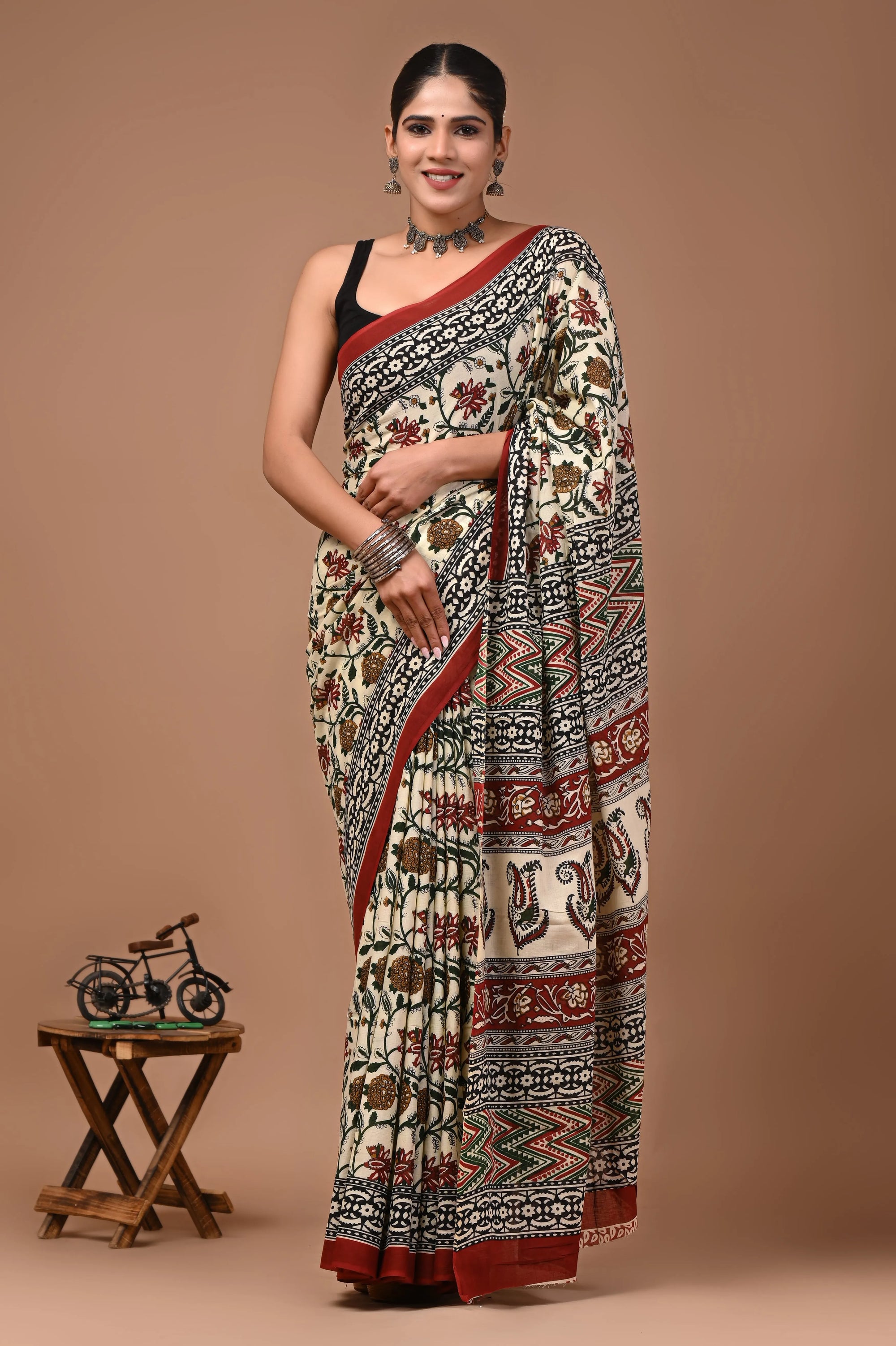 Gulnaar Hand Block Printed Cotton Mulmul Saree with Blouse for Women