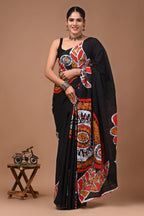 Ishita Hand Block Batik Printed Cotton Mulmul Saree with Blouse for Women