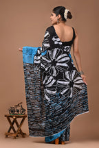 Blue Daisy Hand Block Batik Printed Cotton Mulmul Saree with Blouse for Women