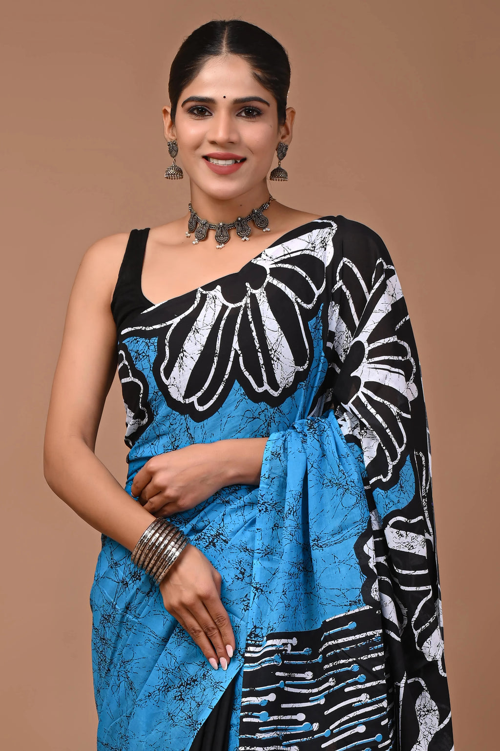 Blue Daisy Hand Block Batik Printed Cotton Mulmul Saree with Blouse for Women