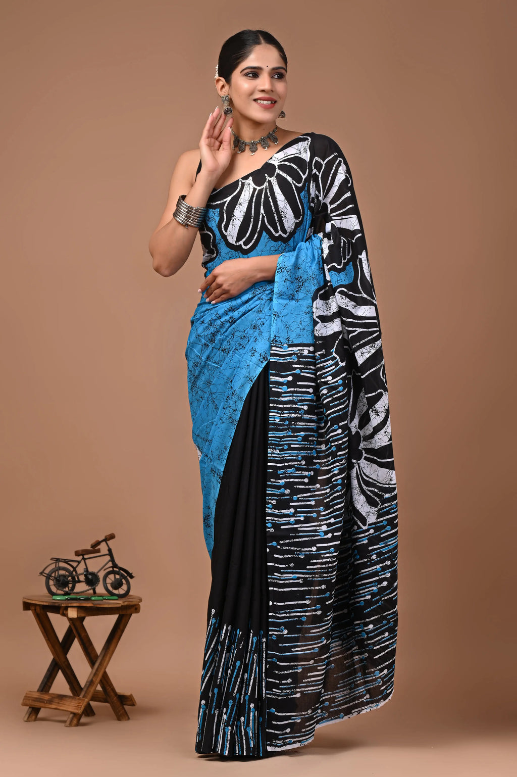 Blue Daisy Hand Block Batik Printed Cotton Mulmul Saree with Blouse for Women