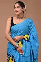 Blue Sunflower Hand Block Batik Printed Cotton Mulmul Saree with Blouse for Women