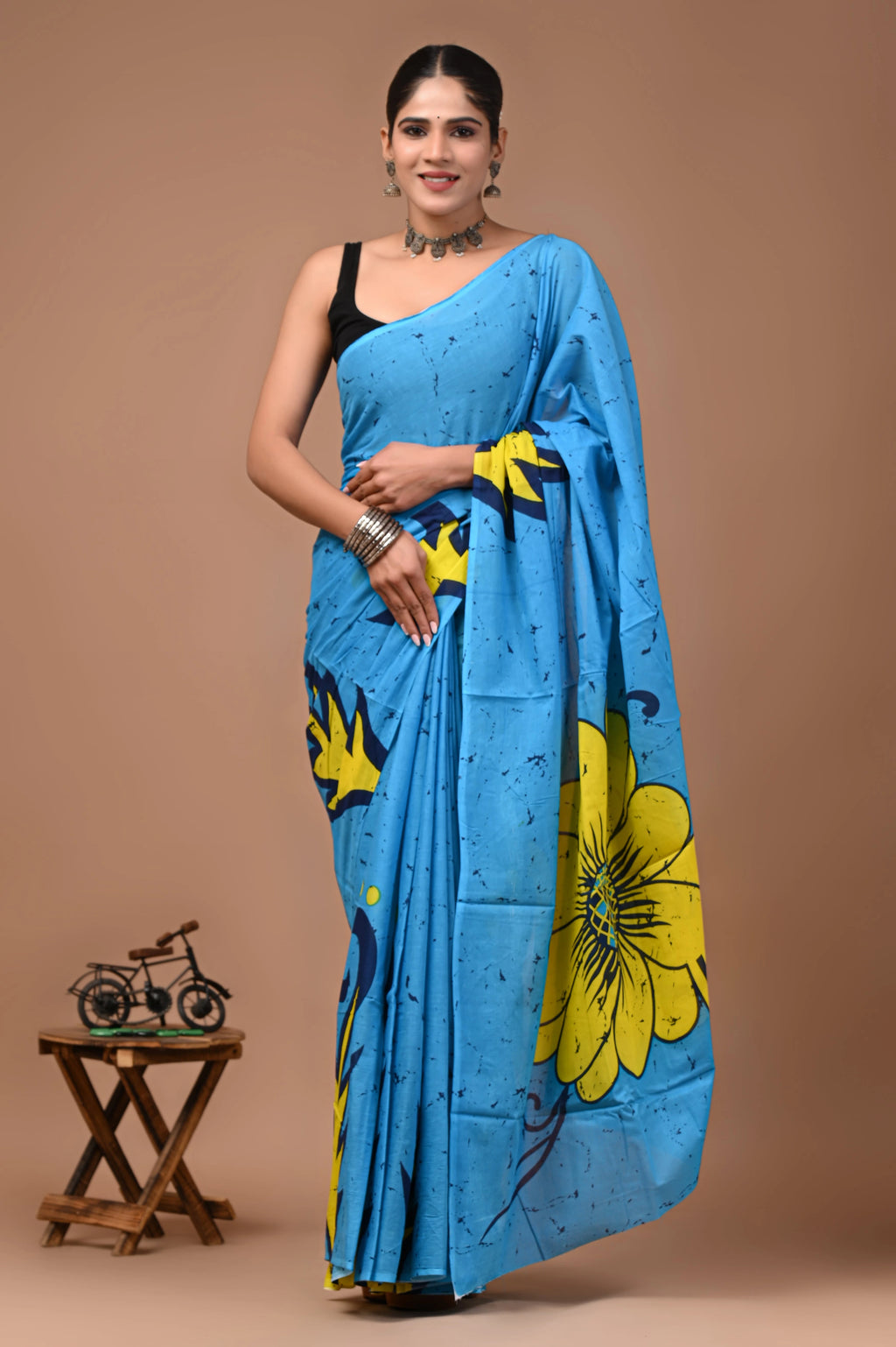 Blue Sunflower Hand Block Batik Printed Cotton Mulmul Saree with Blouse for Women