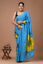 Blue Sunflower Hand Block Batik Printed Cotton Mulmul Saree with Blouse for Women