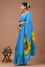 Blue Sunflower Hand Block Batik Printed Cotton Mulmul Saree with Blouse for Women